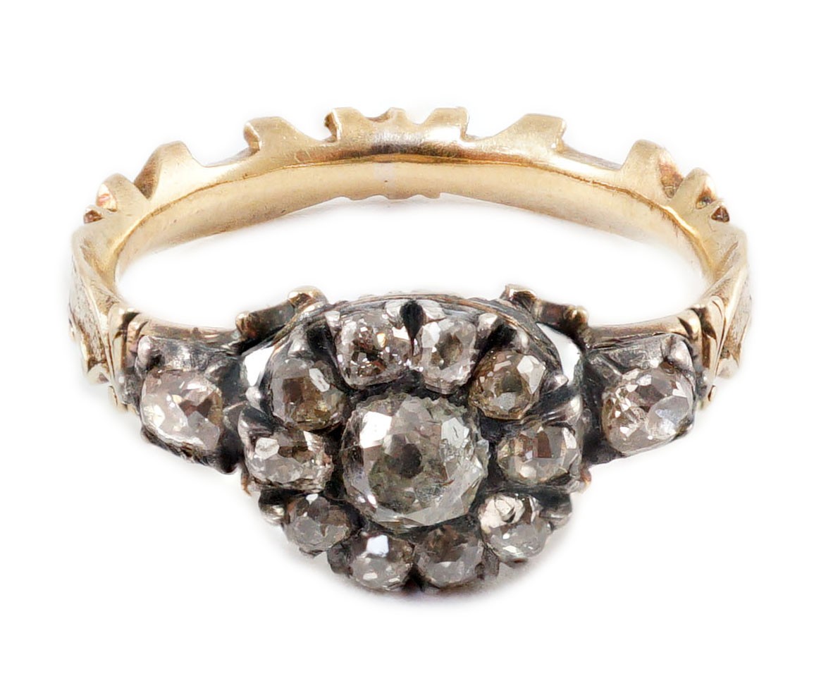 A late 18th century gold and old cut diamond set circular cluster ring